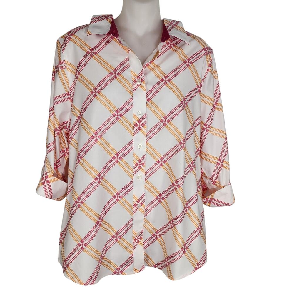 Chico's Woman's No-Iron Stretch Shirt Size 12 Button 3/4 Sleeve Raspberry Plaid